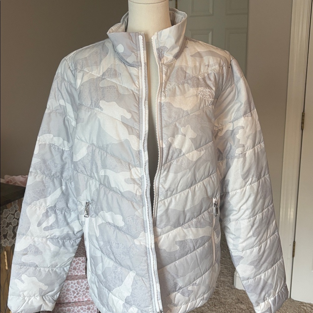 The North Face Gray and White Camo Jacket